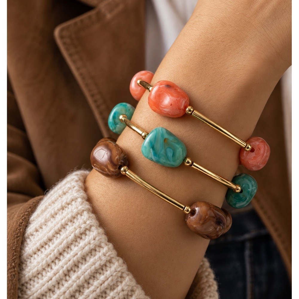 3pc Marbled Resin Stone Gold Bangle Bracelet Set Adjustable Brown Teal Peach